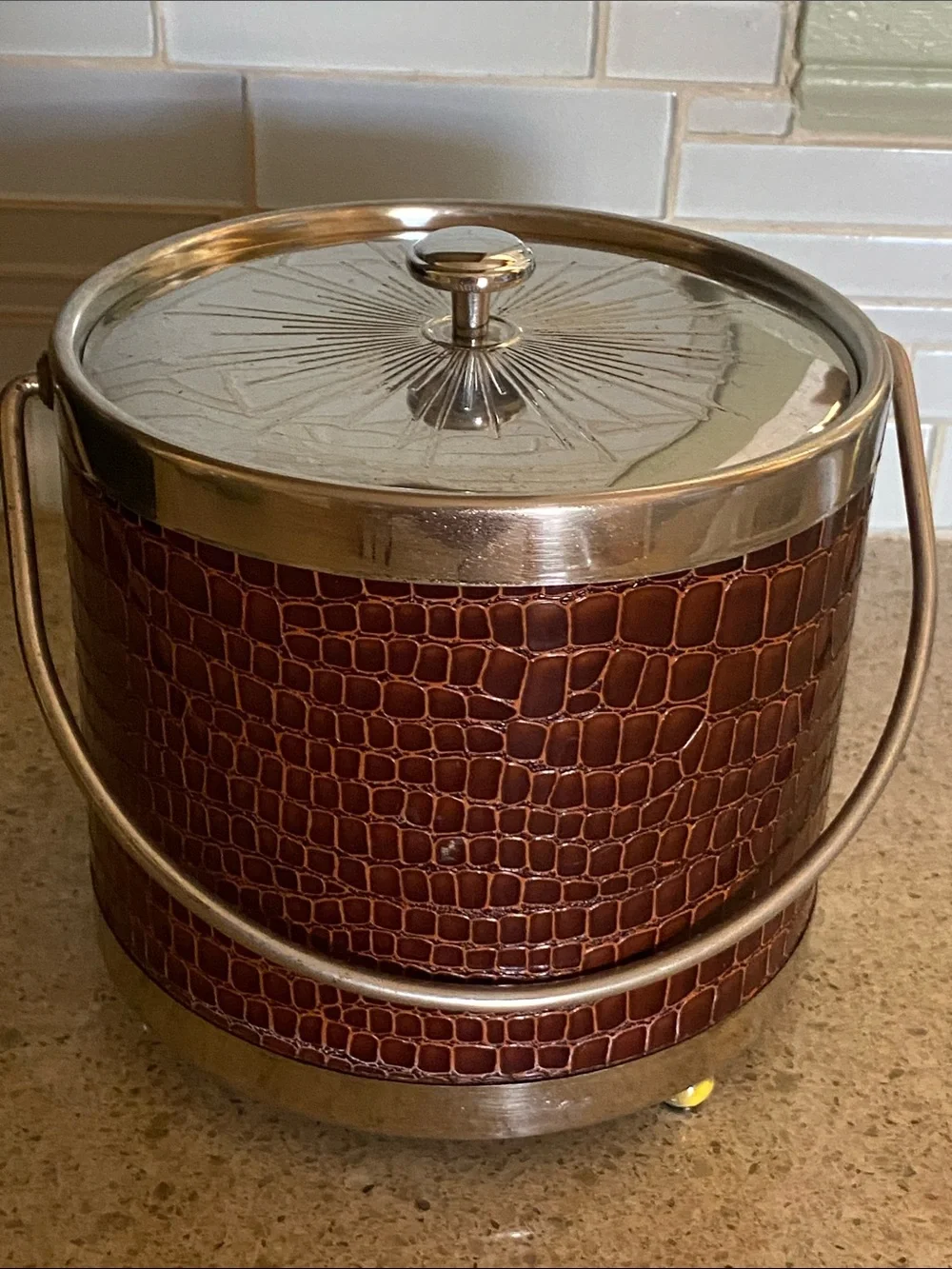 Vintage Brown Croc-Embossed Ice Bucket with Silver Tone Trim